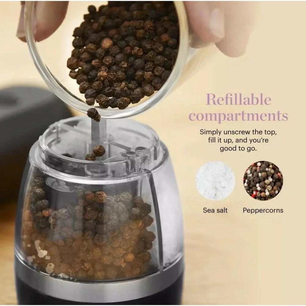 DomIQ Duo Rechargeable Salt and Pepper Mill Electric 2-in-1 Grinder USB Black